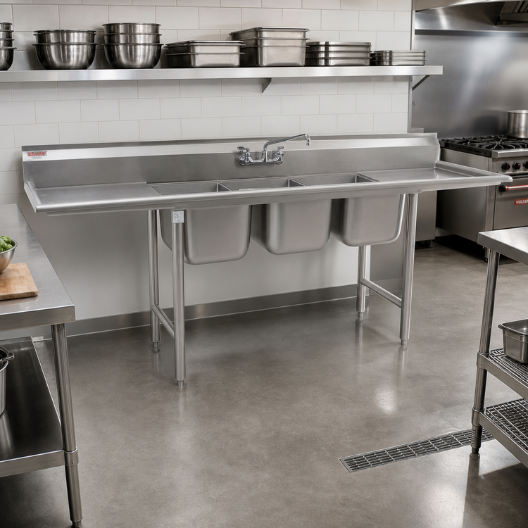 Product image #2 for Eagle Group 414 Series 102-Inch Wide Coved Corner Three-Compartment Sink with Dual 24-Inch Drainboards