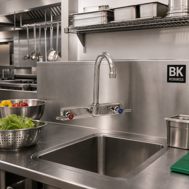Product image #2 for BK Resources Evolution 8-Inch Centers Splash-Mount Stainless Steel Faucet with 5-Inch Gooseneck Spout