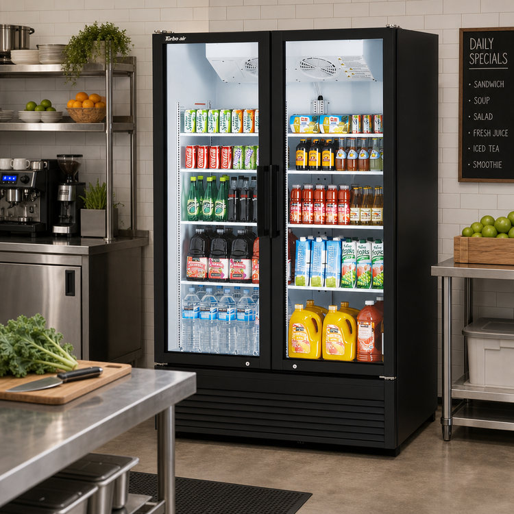 Product image #3 for Turbo Air Super Deluxe Two-Section Glass Door Refrigerated Merchandiser, 44.2 Cu. Ft., Self-Contained Bottom-Mounted, Hinged Double-Pane Doors