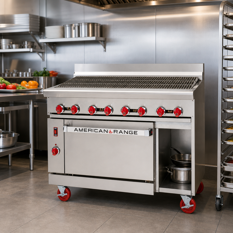 Product image #2 for American Range 48-Inch Gas Radiant Broiler Range with 26-1/2-Inch Standard Oven Left and Storage Base Right