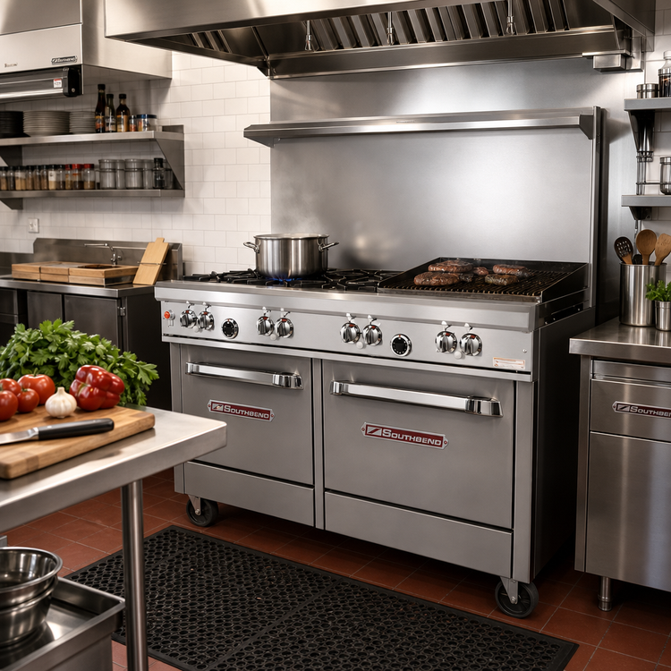 Product image #2 for Southbend Ultimate 48-Inch Commercial Gas Restaurant Range with 2 Open Burners, 36-Inch Charbroiler, and 2 Space Saver Ovens