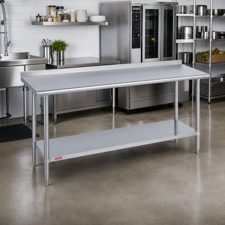 Product image #2 for Duke 24 x 144-Inch Stainless Steel Work Table with 1-1/8-Inch Straight Riser and Stainless Undershelf