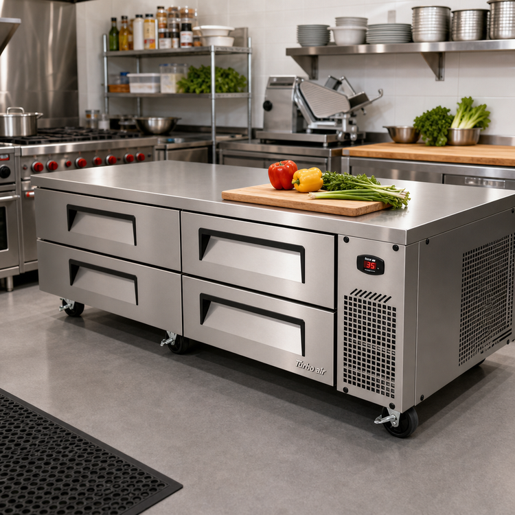Product image #2 for Turbo Air Super Deluxe 72-Inch 4-Drawer Chef Base Refrigerator, Side-Mounted Self-Contained, Stainless Steel, 115V