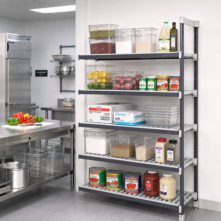 Product image #2 for Cambro Camshelving Elements XTRA 5-Tier Stationary Add-On Polymer Shelving Unit, 24 x 48 x 72 Inches, Vented, Speckled Gray