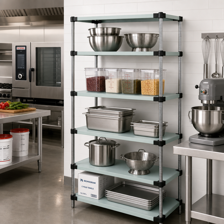 Product image #2 for Quantum Solid Shelving Starter Kit with 5 Shelves, 36" W x 21" D x 63" H, 304 Stainless Steel