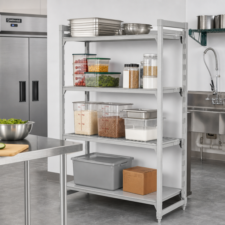 Product image #3 for Cambro Camshelving Premium 4-Shelf Stationary Starter Unit, 21 x 42 x 64 Inches, 3 Vented + 1 Solid, Speckled Gray