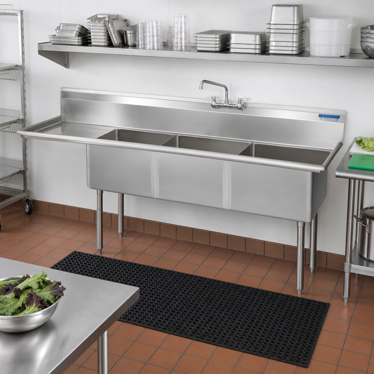 Product image #2 for BK Resources Three-Compartment Stainless Steel Sink with Left Drainboard, 68-1/2 Inch x 25-13/16 Inch