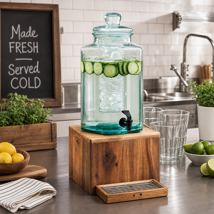 Product image #2 for Madera 2 Gallon Glass Beverage Dispenser with Infusion Chamber, Drip Tray, and Rustic Pine Base