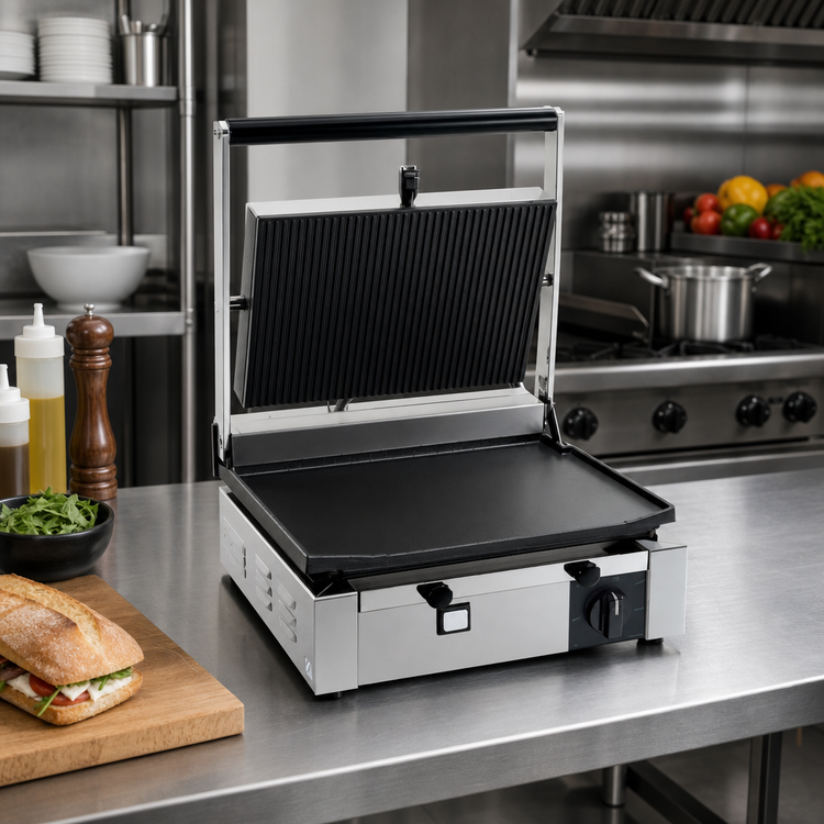 Product image #2 for Eurodib Single Countertop Panini Grill with 14.5 x 10 in Ribbed Top and Flat Bottom Cast Iron Plates