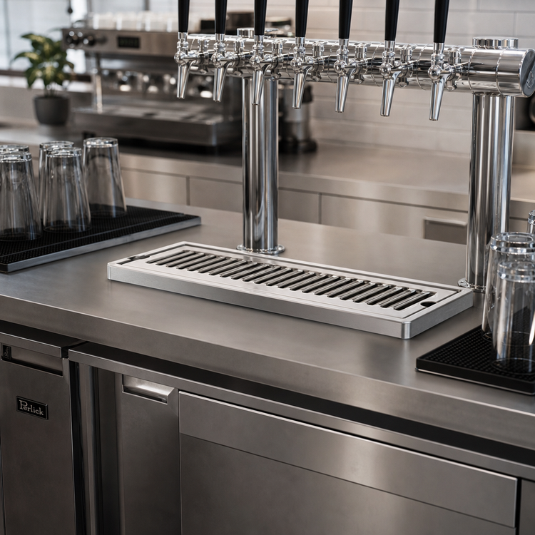 Product image #2 for Perlick 5000 Series Surface-Mount Stainless Steel Drip Tray Trough with Removable Louvered Glass Rack and 1/2-Inch Drain