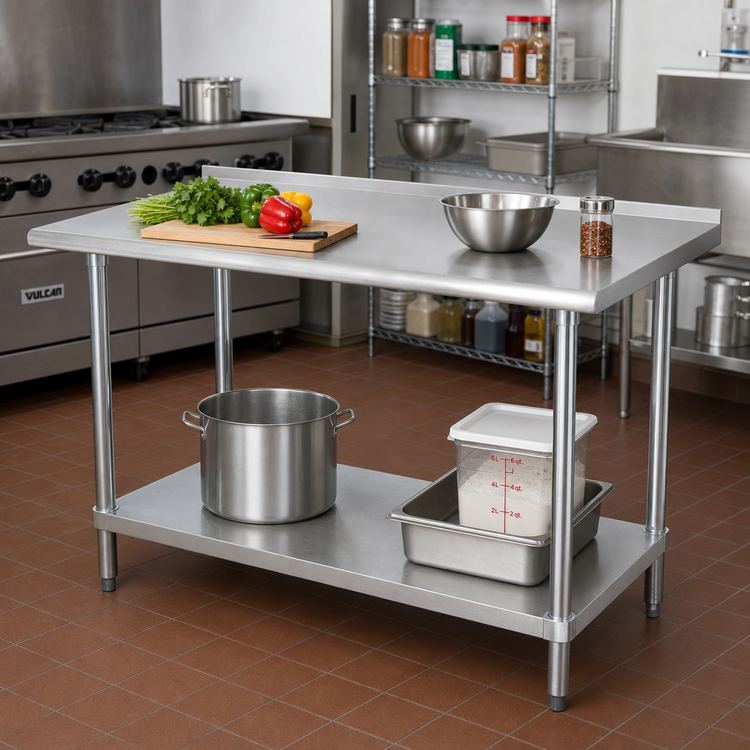Product image #2 for Advance Tabco 48" x 30" 304 Stainless Steel Work Table with 1-1/2" Rear Up-Turn and Galvanized Undershelf