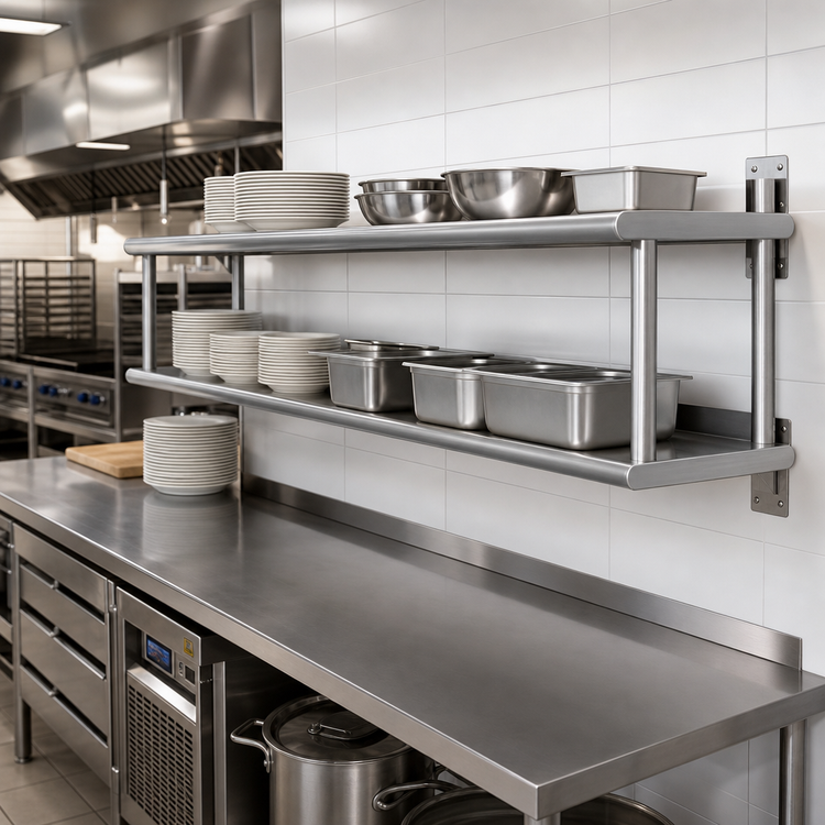 Product image #2 for Advance Tabco Double Tier Stainless Steel Pass-Thru Shelf with Wall Mount Brackets, 84 x 24 Inches