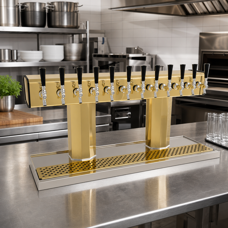 Product image #2 for Glastender 12-Faucet Countertop Air-Cooled Tee Draft Dispensing Tower, Polished Brass Finish