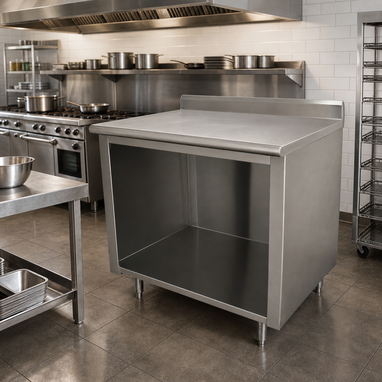 Product image #2 for Advance Tabco 72 Inch x 24 Inch 14-Gauge 304 Stainless Steel Work Table with Open Front Cabinet Base and 5-Inch Backsplash