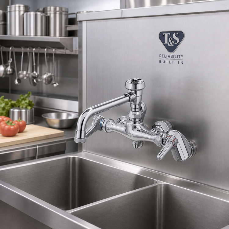 Product image #2 for T&S Brass Wall-Mount Double Pantry Mixing Faucet with Vacuum Breaker Swing Nozzle, Polished Chrome