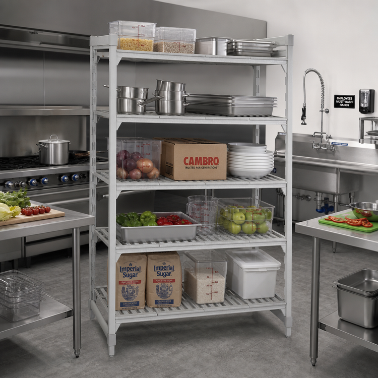 Product image #3 for Cambro Camshelving Premium 5-Tier Vented Polymer Starter Shelving Unit, 21" Deep x 30" Long x 84" High, Speckled Gray