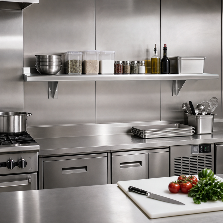 Product image #2 for 84-Inch x 10-Inch Wall-Mounted Stainless Steel Shelf, 18 Gauge