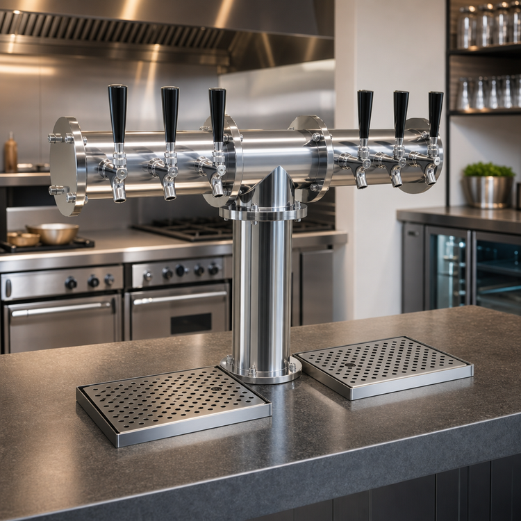Product image #2 for Glastender Pipe Tee Countertop Draft Dispensing Tower, 6 Faucets, Air-Cooled, Grainline Stainless Steel Finish