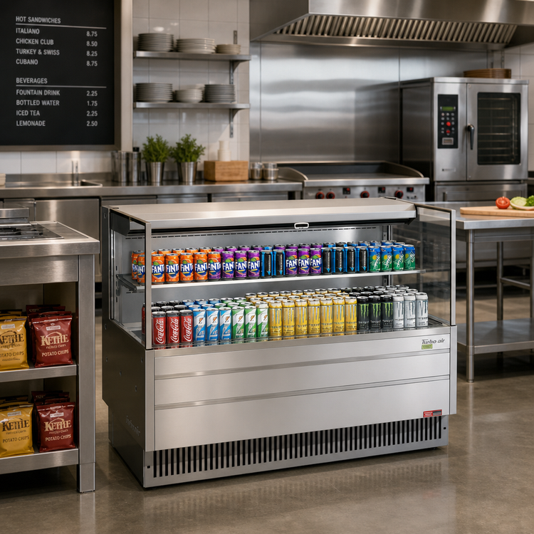 Product image #2 for Turbo Air Low-Profile Horizontal Open Display Merchandiser, 13 Cu. Ft., Self-Contained Refrigeration, Stainless Steel
