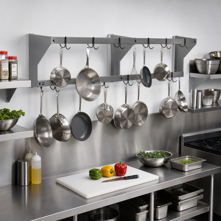 Product image #2 for Eagle Group WM96PR 96-Inch Wall-Mounted Stainless Steel Double-Bar Pot Rack with 16 Hooks