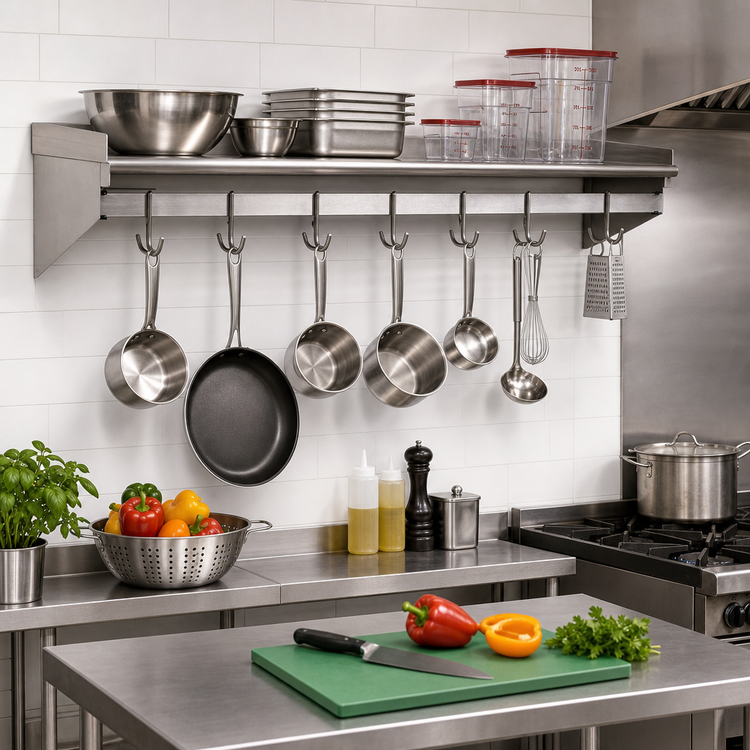 Product image #2 for 84-Inch x 15-Inch Wall-Mounted Stainless Steel Commercial Pot Rack Wall Shelf with Removable Hooks