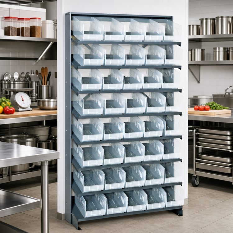 Product image #2 for Quantum Sloped Single-Sided Steel Pick Rack with 8 Shelves and 40 Clear Bins