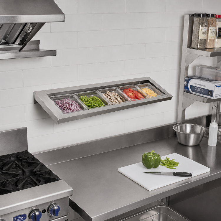 Product image #3 for BK Resources 36-Inch Wall-Mount Angled Ingredient Shelf for (5) 1/6 Pans