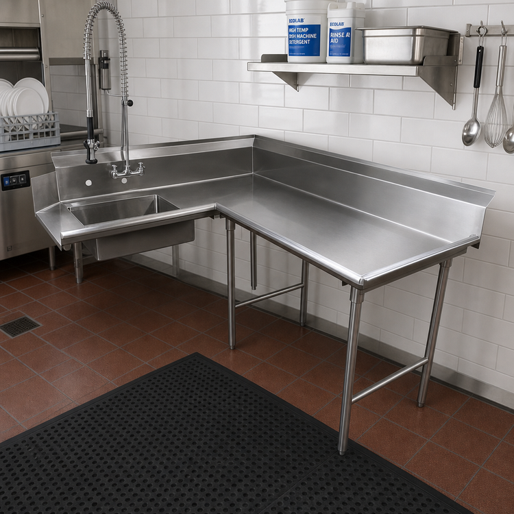 Product image #2 for Advance Tabco Korner-Soil 47-Inch Right-Hand L-Shaped Dish Table with Pre-Rinse Sink, 16 Gauge 304 Stainless Steel