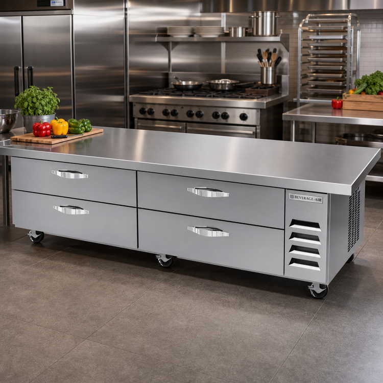 Product image #3 for Beverage-Air 108-Inch Four-Drawer Chef Base Refrigerator with Extended Top