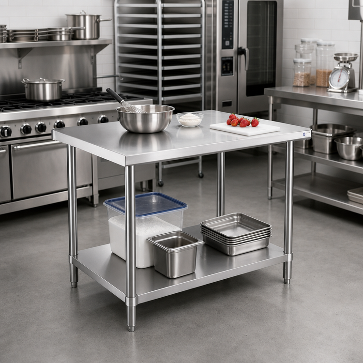 Product image #2 for Steel Works Stainless 30 x 30 x 34 Inch Corner Stainless Steel Work Table with Undershelf