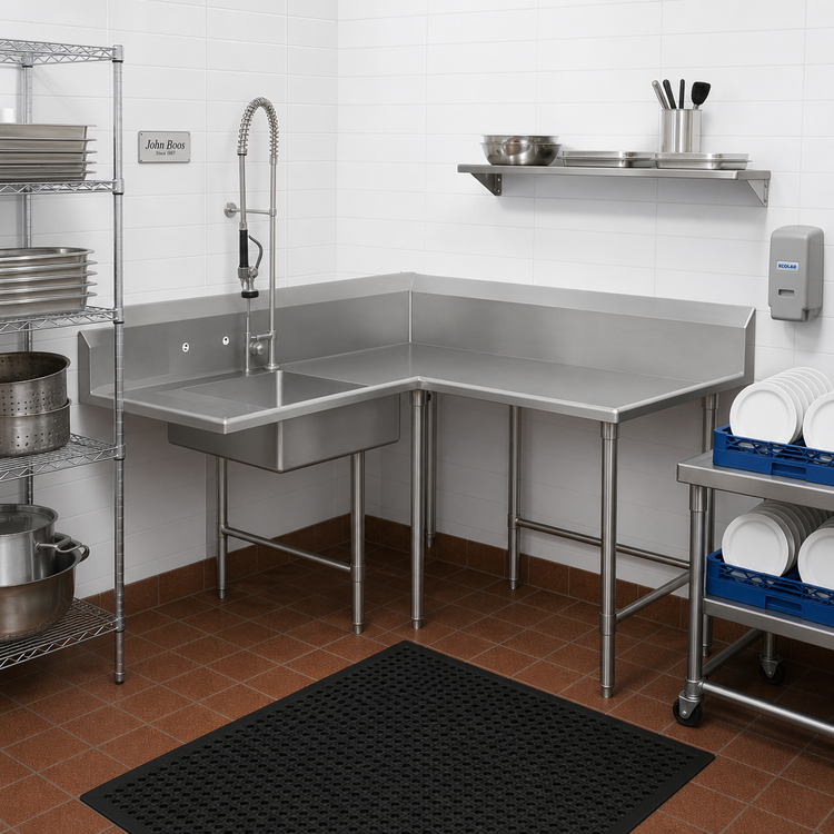 Product image #2 for John Boos Pro-Bowl 60" x 60" Corner Soiled Dishtable with 20" x 20" Pre-Rinse Sink Bowl, Right-to-Left, 14-Gauge Stainless Steel