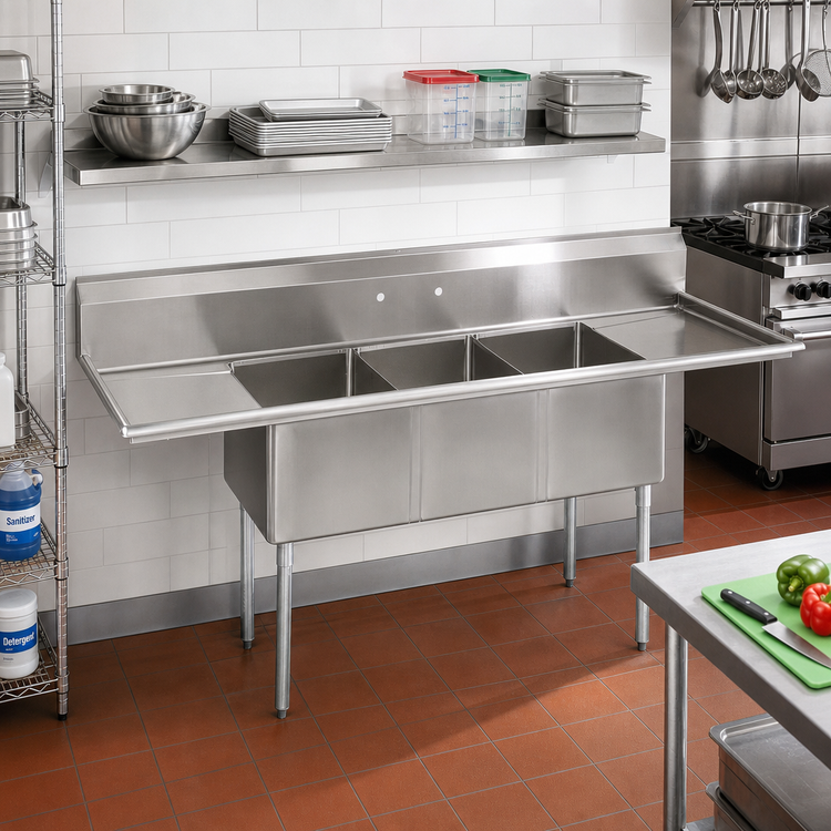 Product image #2 for BK Resources Three-Compartment Stainless Steel Sink with Left and Right Drainboards, 102 Inch