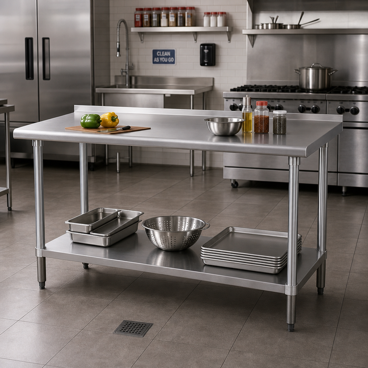 Product image #2 for Advance Tabco Special Value Series 84-Inch x 24-Inch 304 Stainless Steel Work Table with 1-1/2-Inch Rear Splash and Adjustable Undershelf