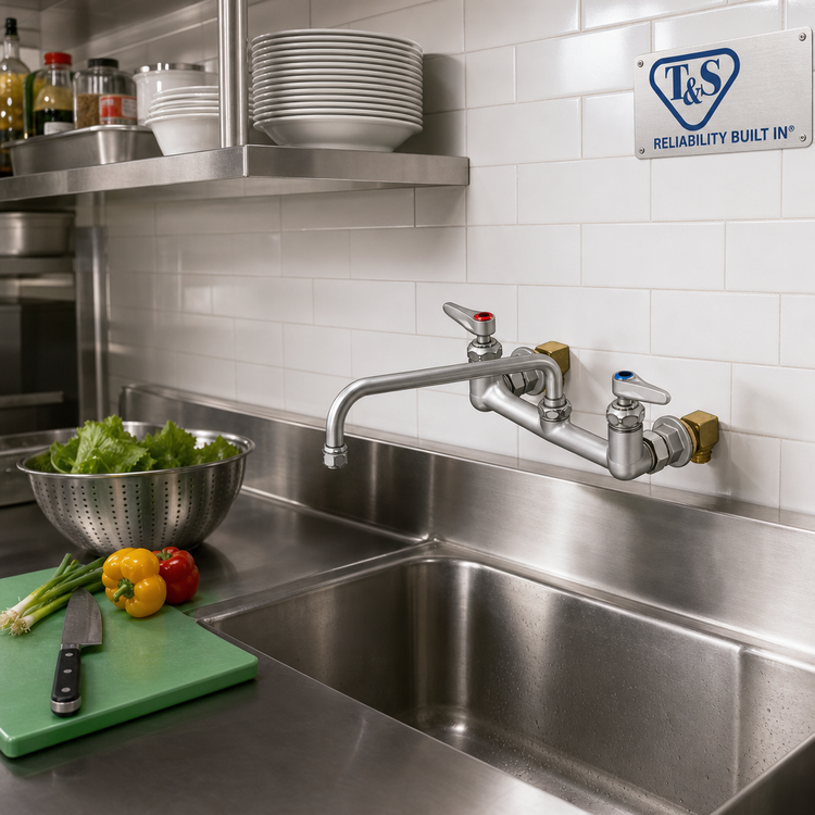 Product image #2 for T&S Brass Double Pantry Wall-Mount Mixing Faucet with 12-Inch Swing Nozzle, 8-Inch Centers