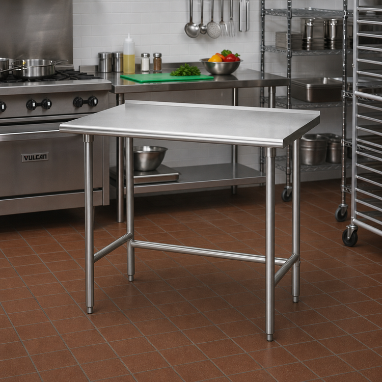 Product image #2 for Advance Tabco 30-Inch x 24-Inch 14-Gauge 304 Stainless Steel Work Table with 1-1/2-Inch Rear Up-Turn and Galvanized Open Base