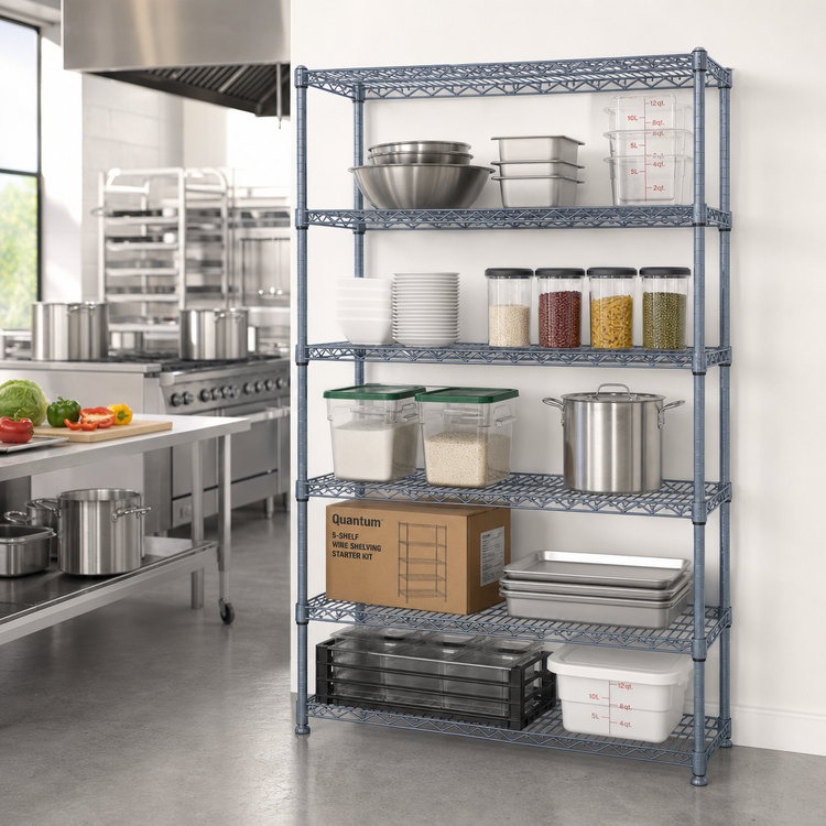 Product image #2 for Quantum 5-Shelf Wire Shelving Starter Kit, 60"W x 18"D x 63"H, Gray Epoxy Antimicrobial Finish