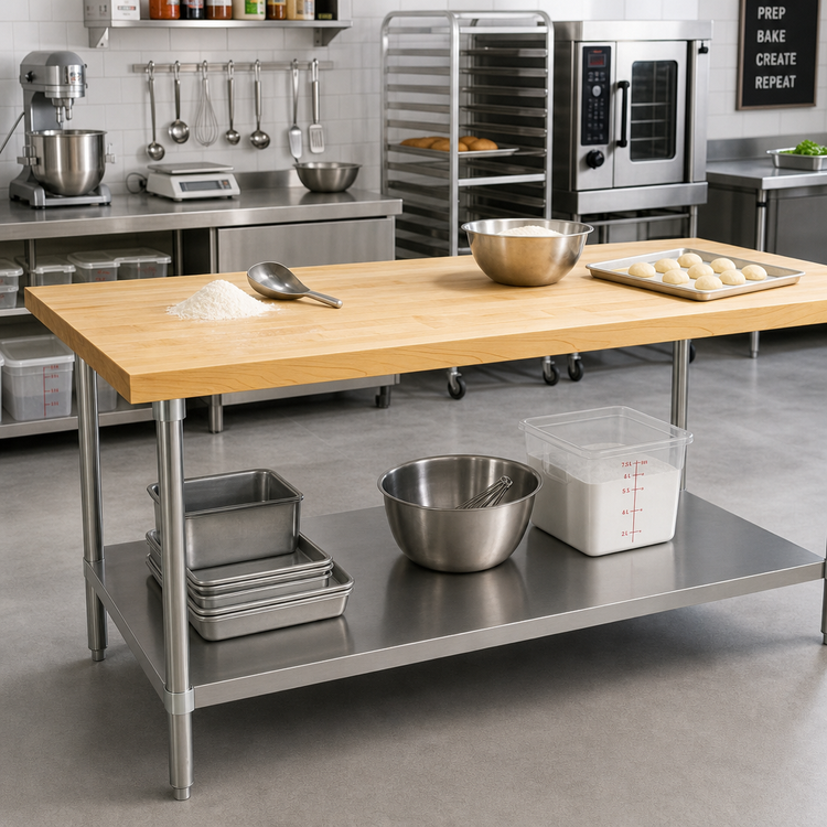 Product image #2 for Advance Tabco Hard Maple Wood Top Bakers Table with Adjustable Undershelf, 96 x 30 Inches, Stainless Steel Base