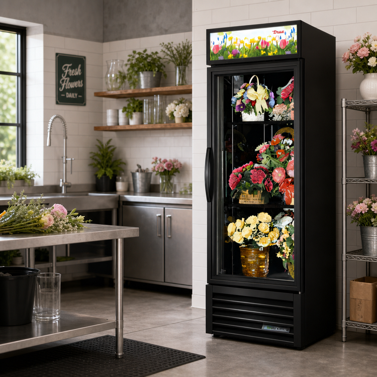 Product image #2 for True One-Section Floral Merchandiser Refrigerated Display Case, Bottom-Mounted Self-Contained, Hinged Low-E Glass Door