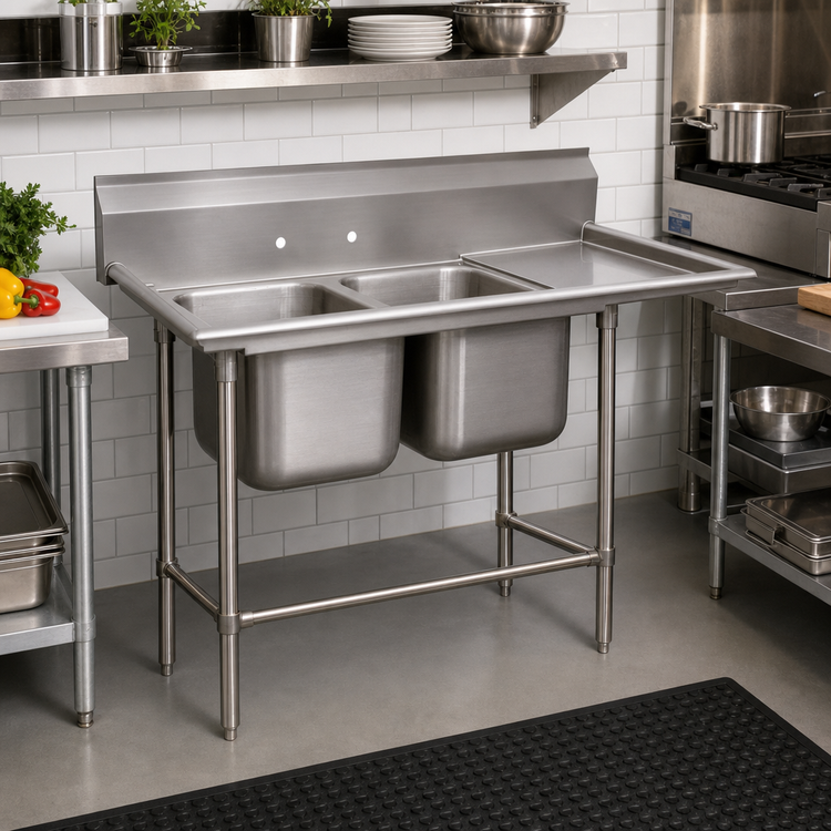 Product image #2 for Advance Tabco Regaline 2-Compartment Stainless Steel Sink with Right-Hand Drainboard, 20 x 28 Inch Bowls, 24 Inch Drainboard