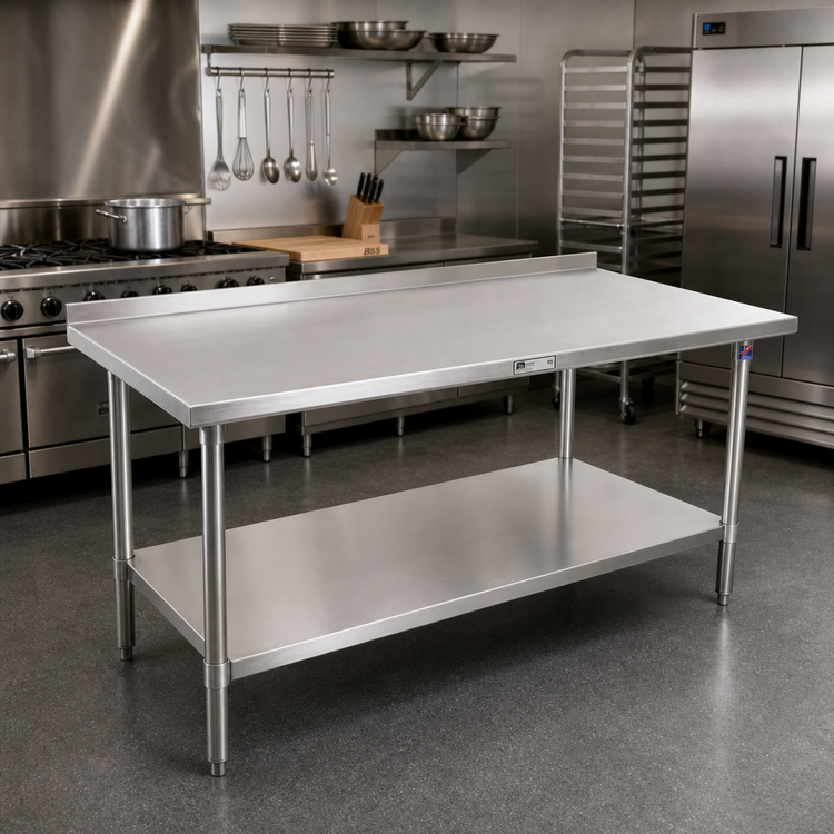 Product image #2 for John Boos Stallion 120-Inch x 30-Inch Stainless Steel Work Table with 1-1/2-Inch Rear Up-Turn and Adjustable Undershelf