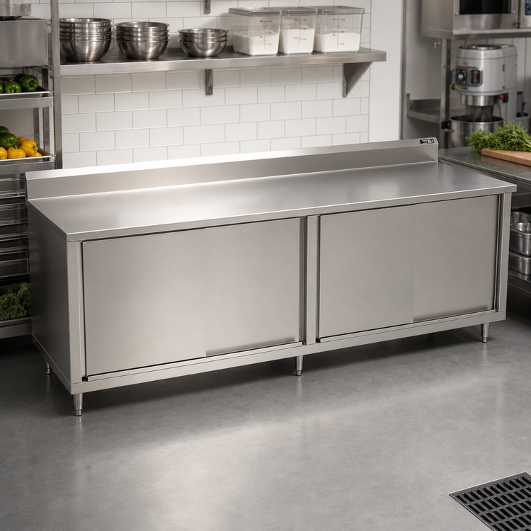 Product image #2 for John Boos 4CS4R5-3096 Enclosed Work Table with Sliding Doors, 96 Inch W x 30 Inch D, 14-Gauge Stainless Steel Top, 5-Inch Backsplash