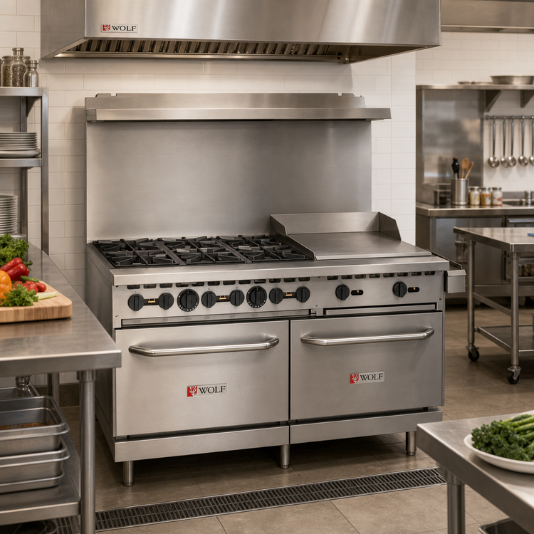 Product image #3 for Wolf Quick Ship WX Series 60-Inch Propane Gas Restaurant Range with 6 Open Burners, 24-Inch Griddle and 2 Standard Ovens