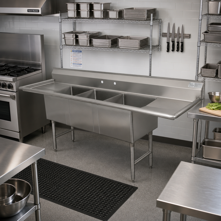 Product image #2 for Advance Tabco FC-3-3024-30RL 3-Compartment Fabricated Sink with Dual 30-Inch Drainboards