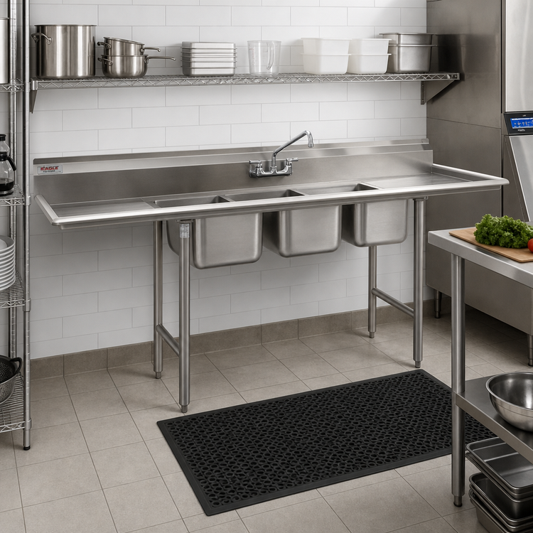 Product image #2 for Eagle Group 412 Series 3-Compartment Sink with Right Drainboard, 430 Stainless Steel, 74-5/8 Inch W x 27-1/2 Inch D