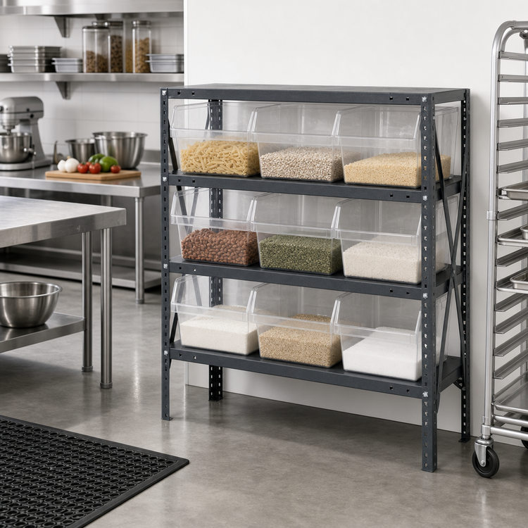 Product image #2 for Quantum Heavy-Duty Stationary Wire Shelving Unit with 4 Shelves and 9 Clear Bins, 36 x 12 x 39 Inches