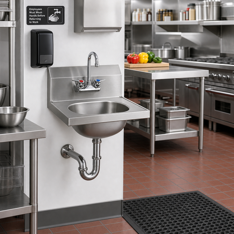 Product image #2 for Wall-Mounted 304 Stainless Steel Hand Sink with Splash-Mount Gooseneck Faucet, Wrist Handles, P-Trap, Tail Piece and Basket Drain