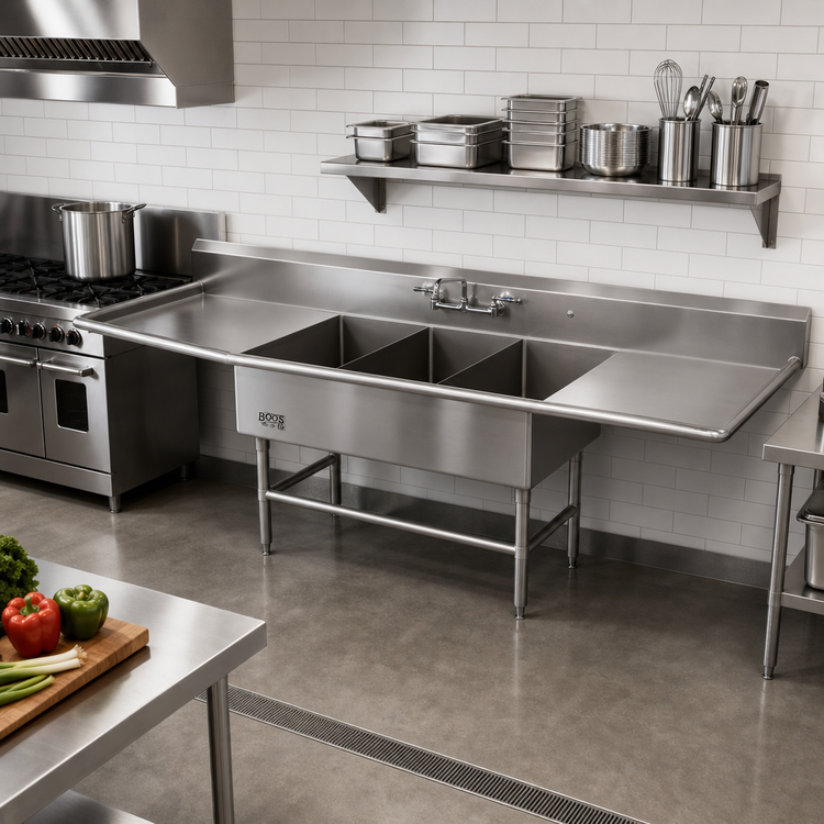 Product image #2 for John Boos Pro-Bowl 3-Compartment Platter Sink with Left and Right Drainboards, 105-1/4 Inch Wide