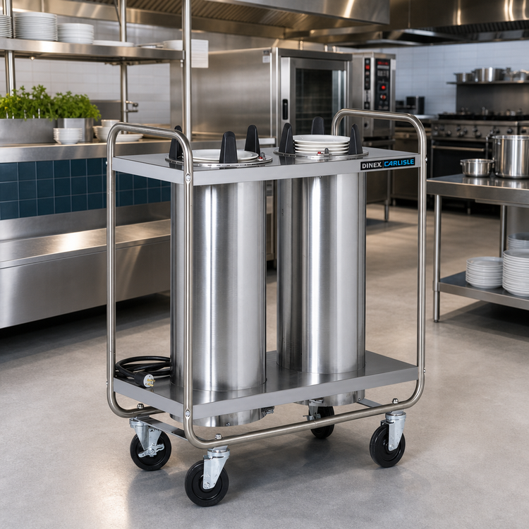Product image #2 for Dinex Mobile Heated Plate Dispenser with Open Tubular Frame and 2 Self-Elevating Tubes