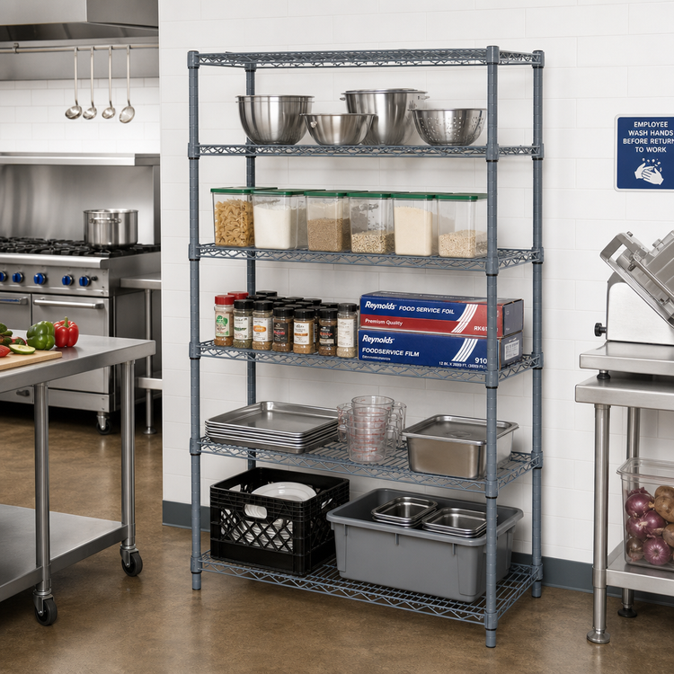 Product image #2 for Quantum 42"W x 18"D x 54"H Stationary Wire Shelving Starter Kit with 5 Shelves, Gray Epoxy Antimicrobial Finish