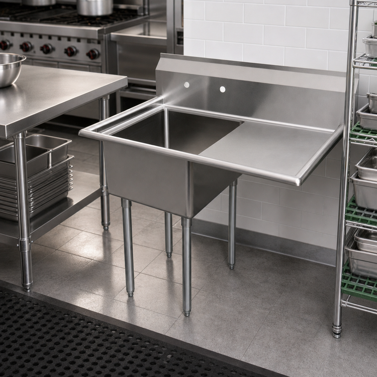 Product image #2 for Omcan 1-Compartment Pot Sink with Right-Hand Drainboard, 24 x 24 x 14 Inch Bowl, 304 Stainless Steel